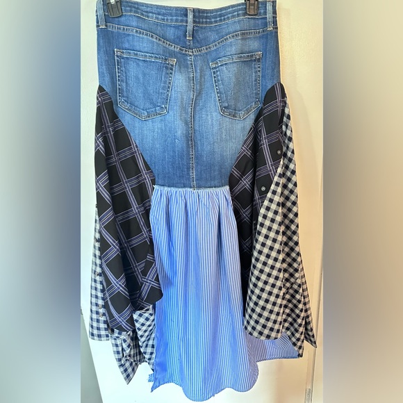 Upcycled Denim and Checkered Patchwork Skirt made w men’s shirts size L/XL - Picture 4 of 4